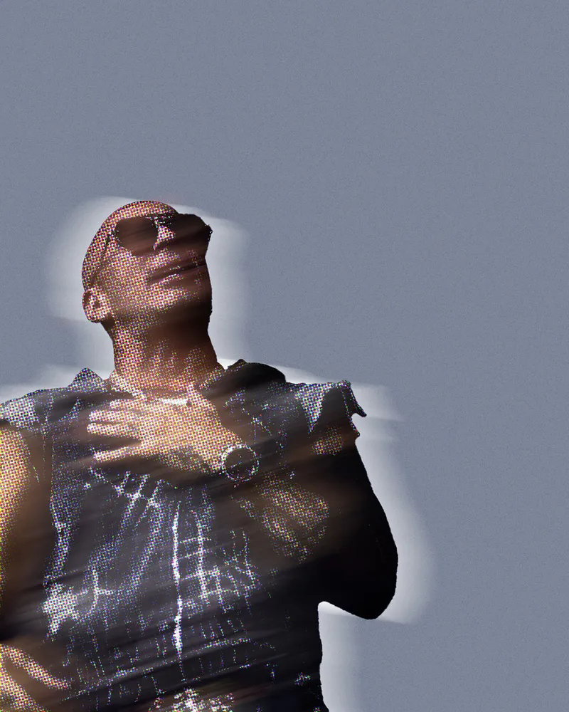 Double-exposure performance portrait against a pale background