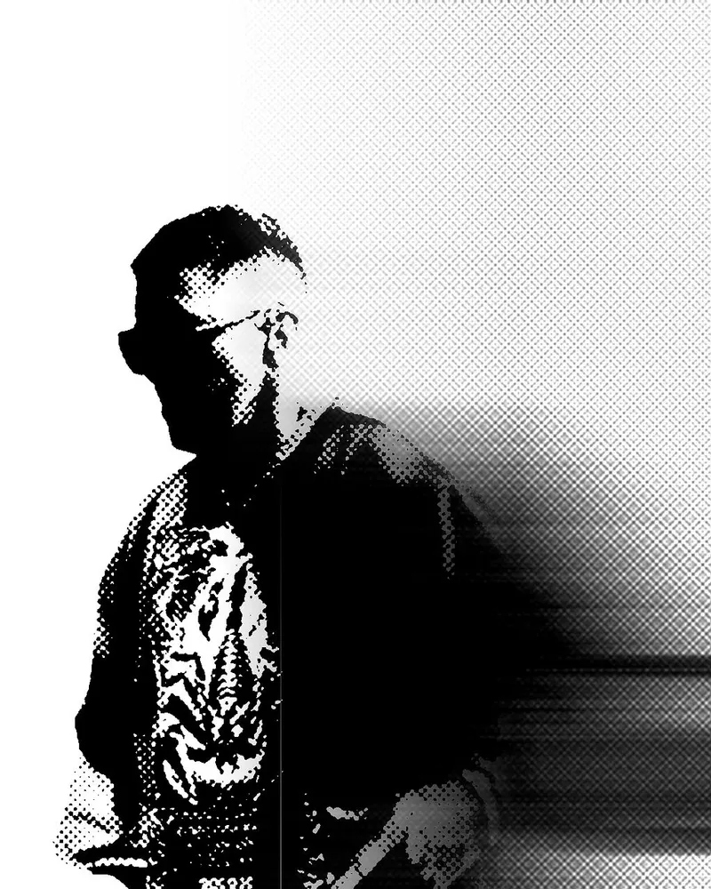 High-contrast black-and-white graphic portrait