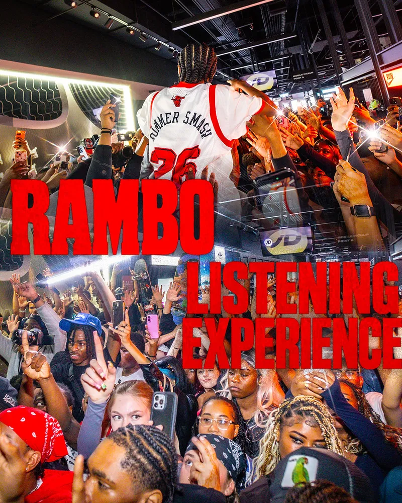 Crowd collage with bold red listening-experience typography