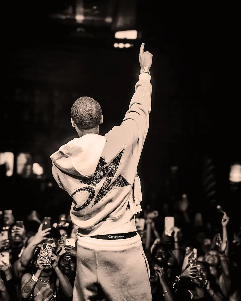 Black-and-white rear view of a performer raising an arm to the crowd