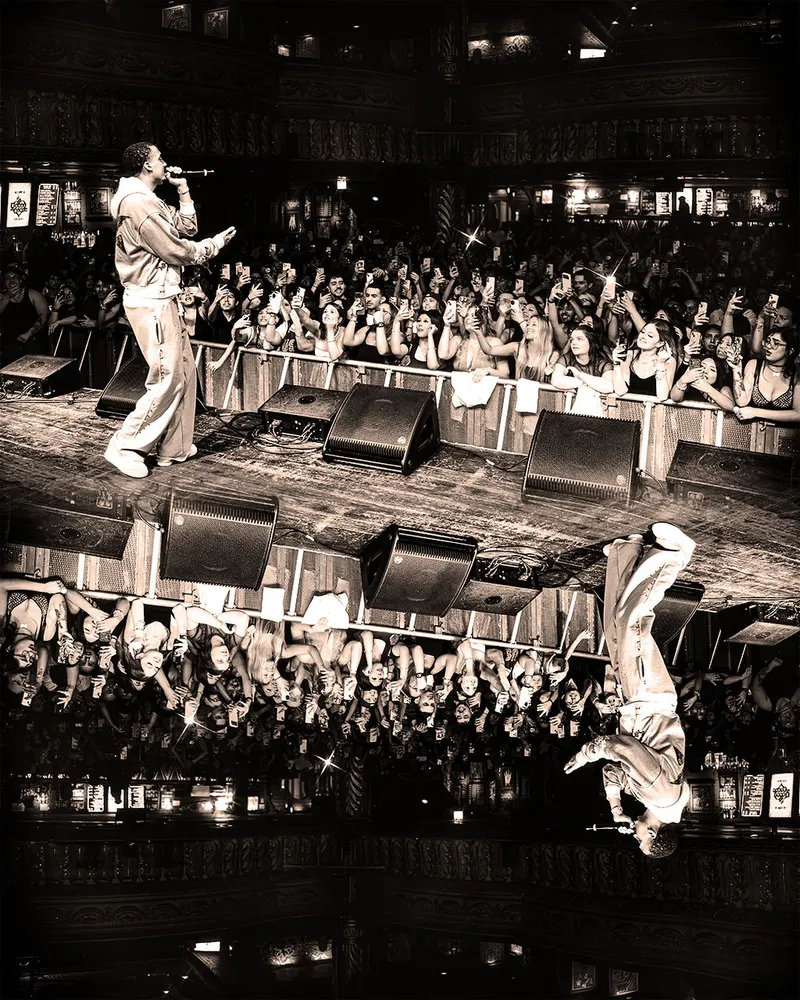 Black-and-white collage showing the stage and a packed audience