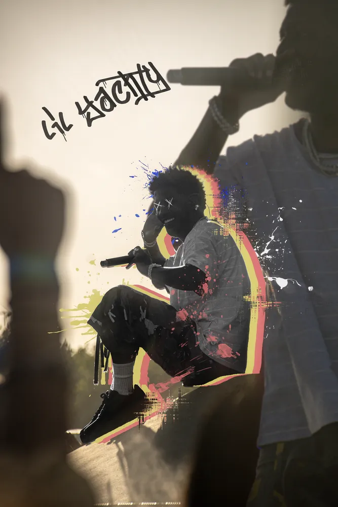 Graphic edit of a seated performer holding a microphone