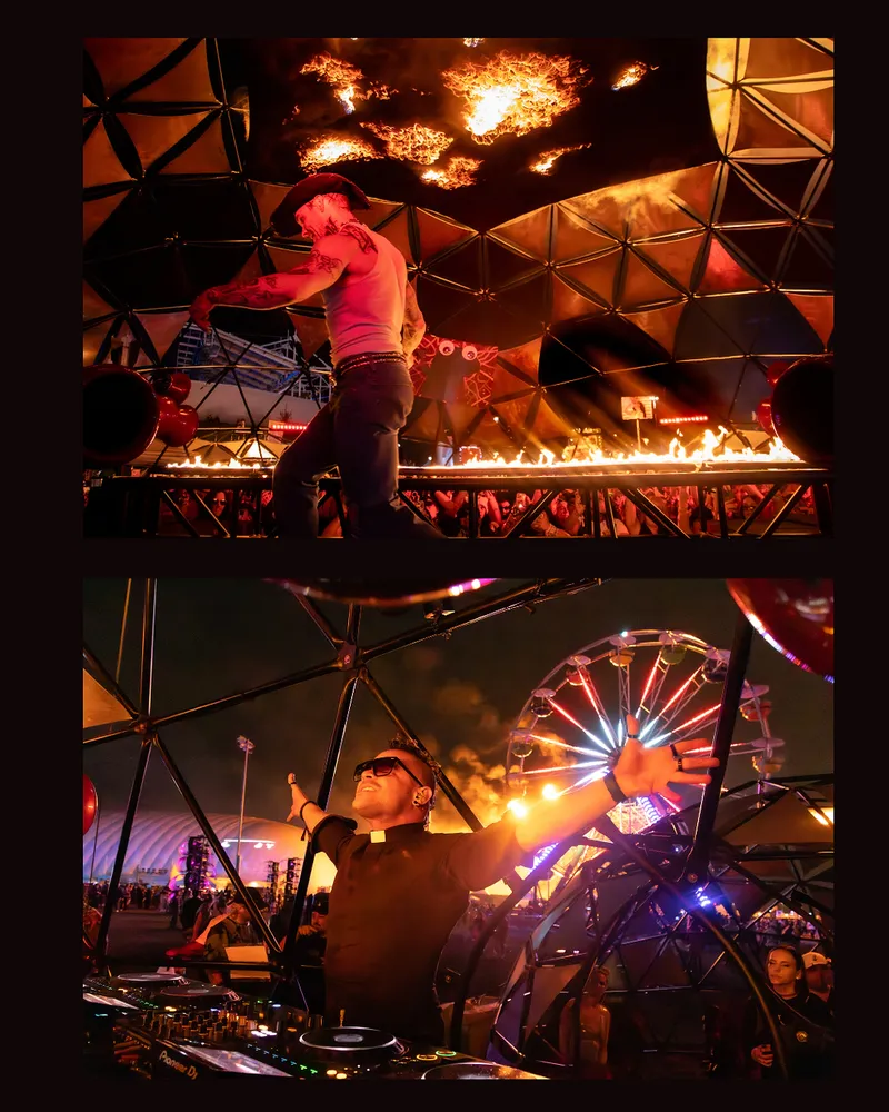 Two-frame collage of a fiery stage and illuminated Ferris wheel