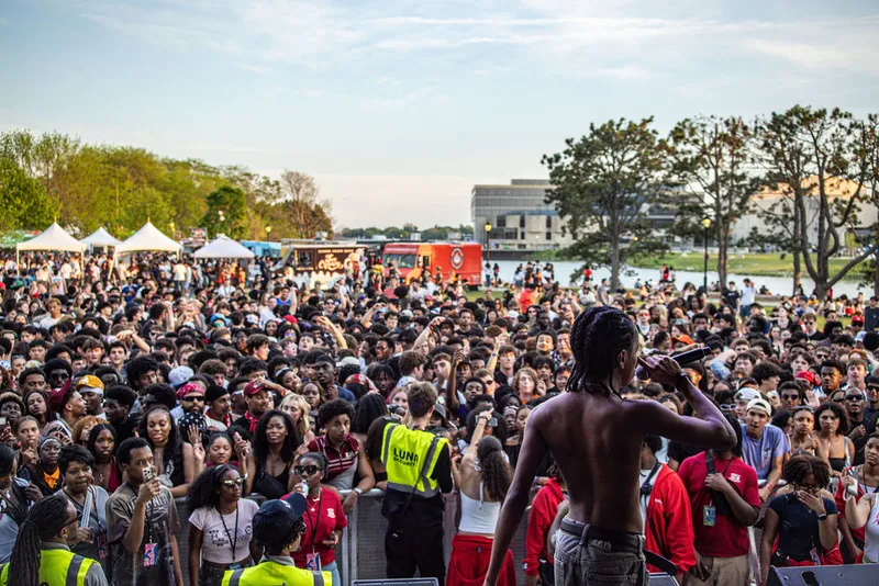 Wide view of a festival audience in an open field